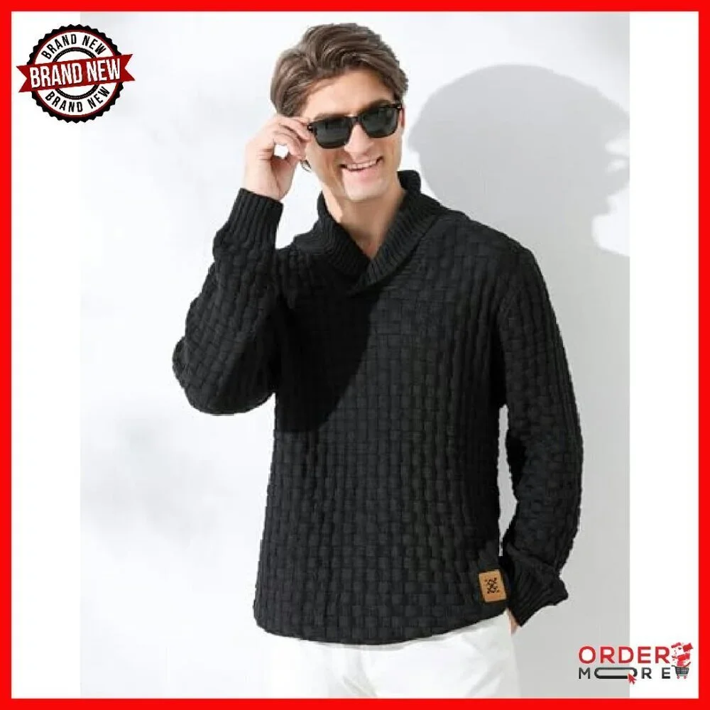 Men's Turtleneck Sweater Shawl Collar Cable Knit Pullover Regular Fit